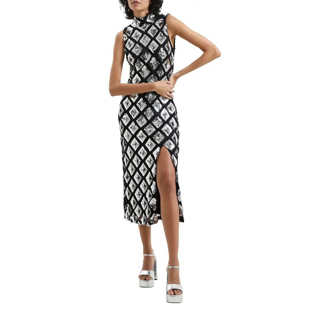 French‎ Connection Axel Sequin Embellished Cocktail Dress Black Silver US 8